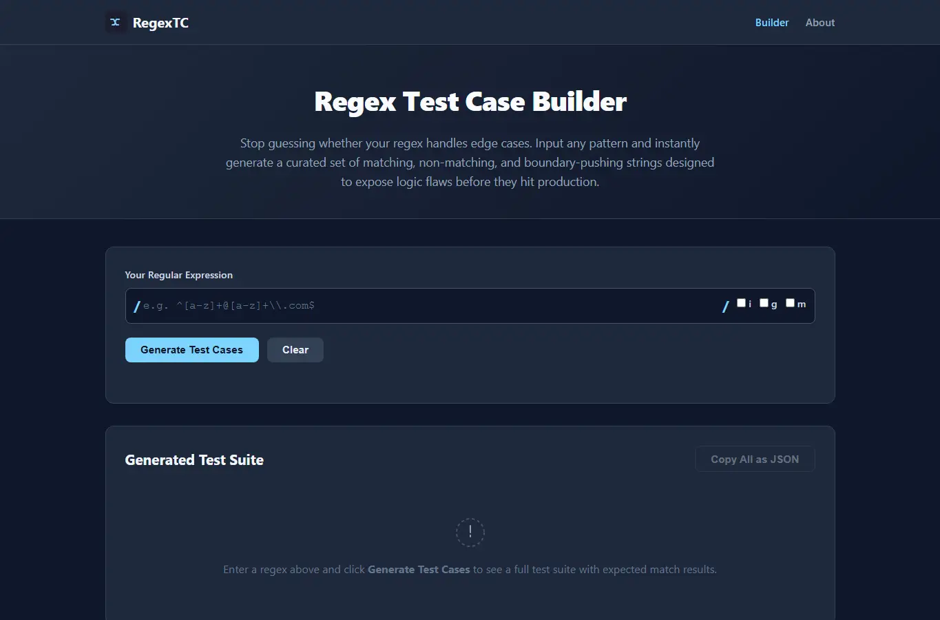 Screenshot of Regex Test Case Builder – Generate edge-case strings for your patterns interface showing the project page in use